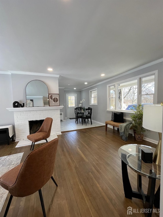 living room with wood-type flooring, a fireplace, baseboards, and crown molding