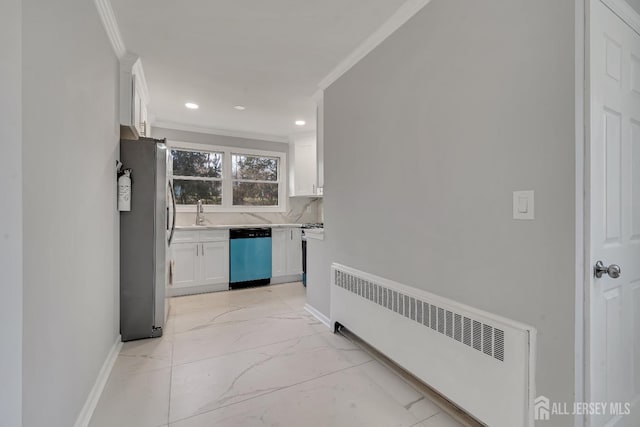 kitchen featuring backsplash, radiator, stainless steel appliances, crown molding, and white cabinets