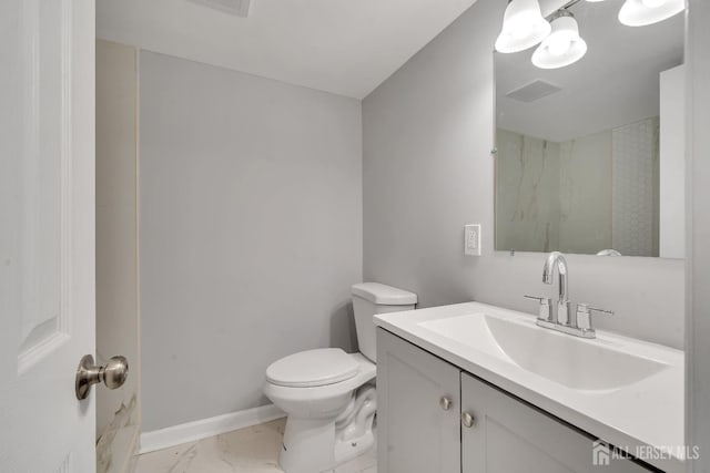 bathroom featuring baseboards, visible vents, toilet, marble finish floor, and walk in shower