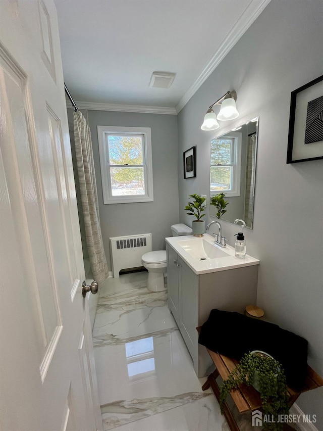 full bath featuring radiator, toilet, marble finish floor, crown molding, and vanity