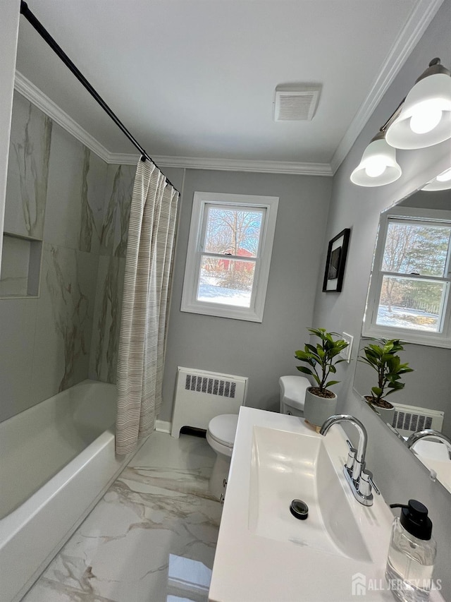 bathroom featuring toilet, radiator heating unit, ornamental molding, and a wealth of natural light