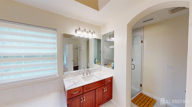 53 Kirschman Dr, Old Bridge, NJ 07747 - full bathroom with vanity, a shower stall, and tile patterned flooring
