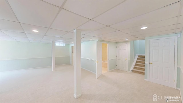 53 Kirschman Dr, Old Bridge, NJ 07747 - finished below grade area featuring carpet, stairway, recessed lighting, and a paneled ceiling