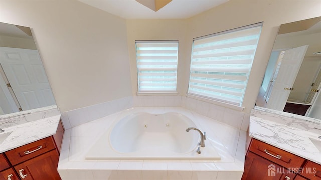53 Kirschman Dr, Old Bridge, NJ 07747 - bathroom featuring vanity, a whirlpool tub, and walk in shower