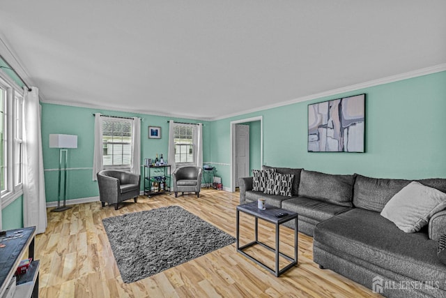 living room with crown molding and wood-type flooring