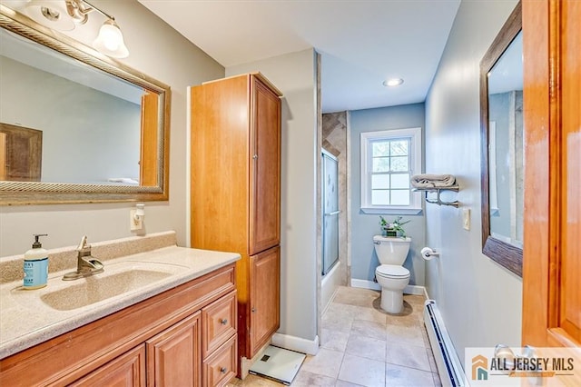 6 Mockingbird Rd, Edison, NJ 08820 - full bathroom with a baseboard radiator, toilet, vanity, tile patterned floors, and shower / bath combination with glass door