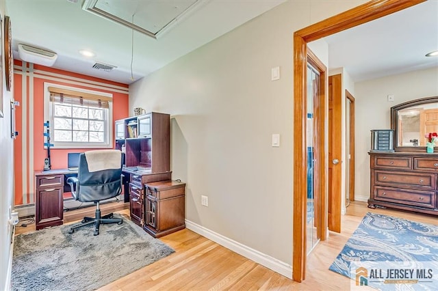 6 Mockingbird Rd, Edison, NJ 08820 - office featuring attic access, light wood finished floors, baseboards, a baseboard radiator, and recessed lighting