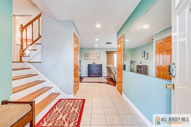 6 Mockingbird Rd, Edison, NJ 08820 - corridor featuring light tile patterned floors, stairs, recessed lighting, and baseboards