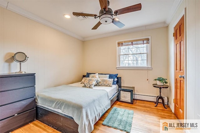 6 Mockingbird Rd, Edison, NJ 08820 - bedroom featuring baseboard heating, ornamental molding, wood finished floors, recessed lighting, and a ceiling fan