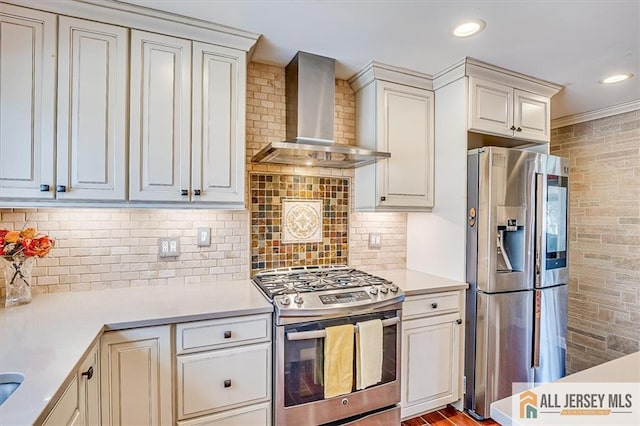 6 Mockingbird Rd, Edison, NJ 08820 - kitchen with appliances with stainless steel finishes, wall chimney exhaust hood, light countertops, backsplash, and recessed lighting