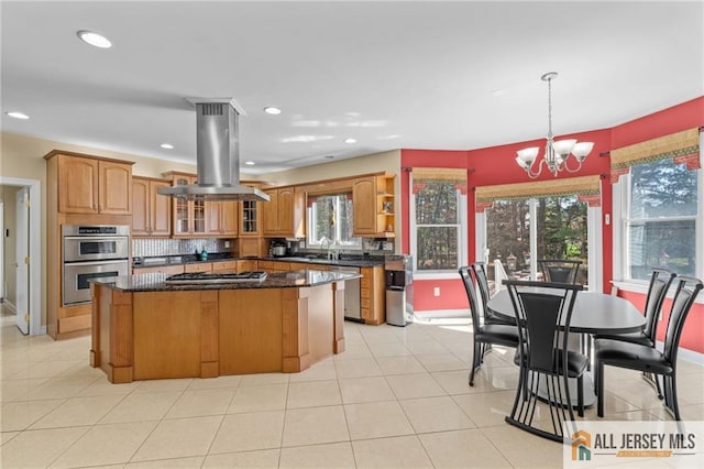 482 Spotswood Gravel Hill Rd, Monroe, NJ 08831 - kitchen with island range hood, appliances with stainless steel finishes, a chandelier, baseboards, and recessed lighting