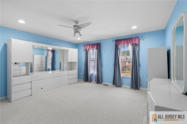 482 Spotswood Gravel Hill Rd, Monroe, NJ 08831 - unfurnished bedroom featuring baseboards, light carpet, recessed lighting, freestanding refrigerator, and a ceiling fan
