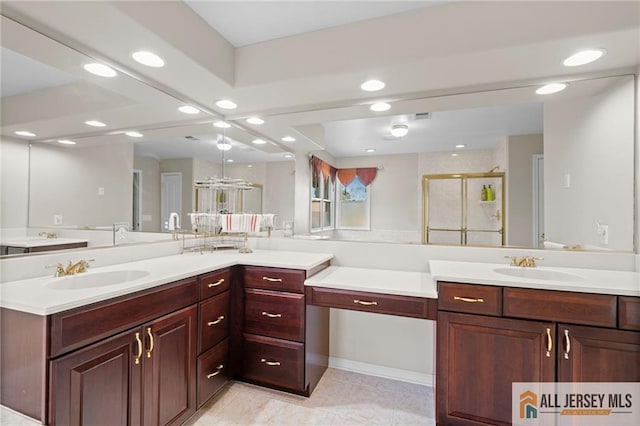 482 Spotswood Gravel Hill Rd, Monroe, NJ 08831 - bathroom featuring recessed lighting, a shower stall, two vanities, and tile patterned floors