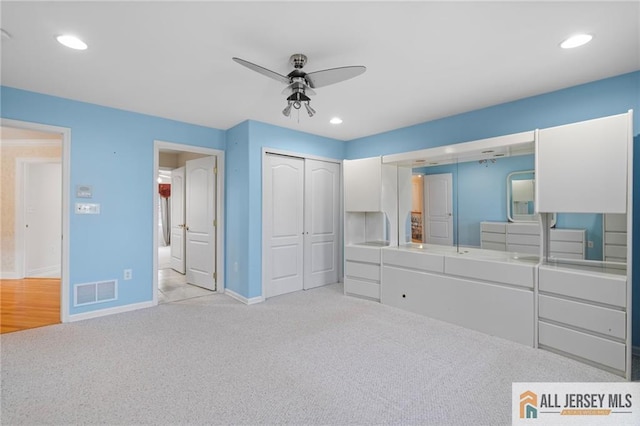 482 Spotswood Gravel Hill Rd, Monroe, NJ 08831 - unfurnished bedroom with light carpet, baseboards, a closet, a ceiling fan, and recessed lighting