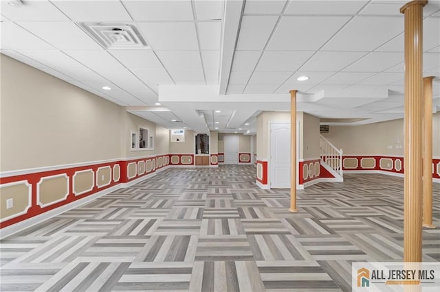 482 Spotswood Gravel Hill Rd, Monroe, NJ 08831 - finished below grade area featuring a paneled ceiling, carpet floors, a wainscoted wall, and recessed lighting