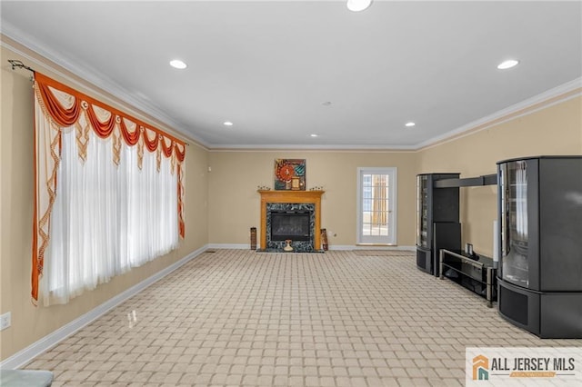 482 Spotswood Gravel Hill Rd, Monroe, NJ 08831 - unfurnished living room with baseboards, crown molding, a high end fireplace, recessed lighting, and light carpet
