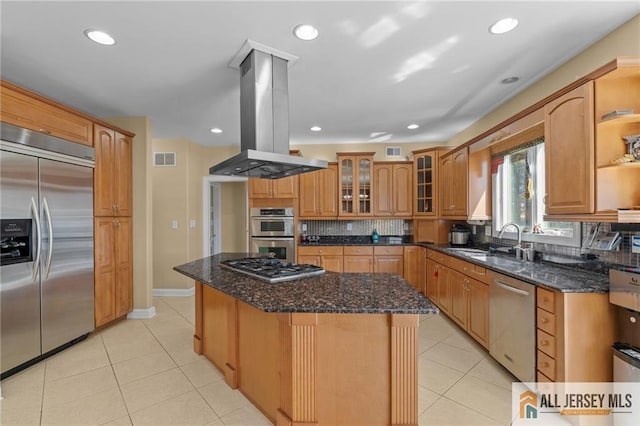 482 Spotswood Gravel Hill Rd, Monroe, NJ 08831 - kitchen featuring appliances with stainless steel finishes, island range hood, a sink, a center island, and light tile patterned flooring