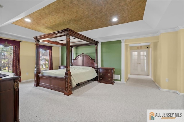 482 Spotswood Gravel Hill Rd, Monroe, NJ 08831 - carpeted bedroom featuring baseboards, a tray ceiling, french doors, recessed lighting, and ornamental molding