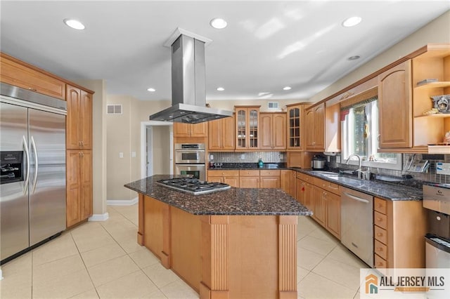 482 Spotswood Gravel Hill Rd, Monroe, NJ 08831 - kitchen featuring appliances with stainless steel finishes, a sink, island exhaust hood, a center island, and light tile patterned floors