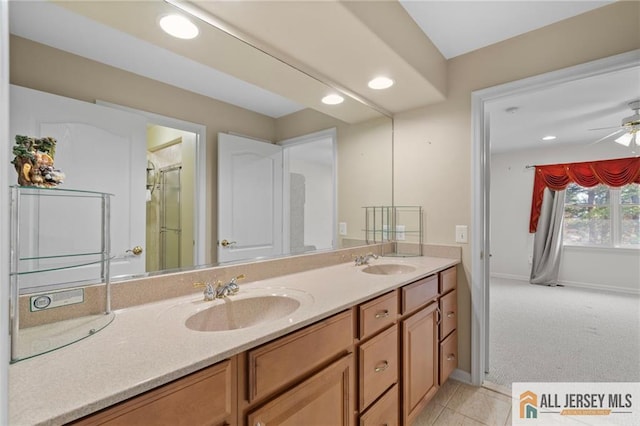 482 Spotswood Gravel Hill Rd, Monroe, NJ 08831 - full bath featuring double vanity, recessed lighting, a ceiling fan, baseboards, and a shower with door