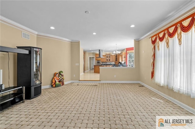 482 Spotswood Gravel Hill Rd, Monroe, NJ 08831 - unfurnished living room with crown molding, a chandelier, light colored carpet, baseboards, and recessed lighting