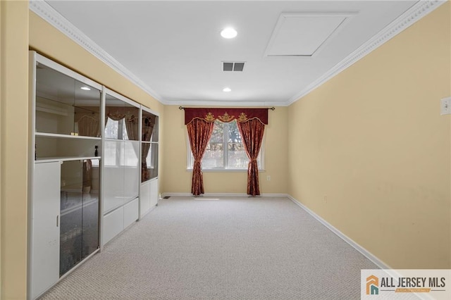 482 Spotswood Gravel Hill Rd, Monroe, NJ 08831 - hall with carpet flooring, crown molding, baseboards, recessed lighting, and attic access