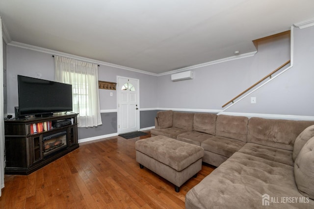 439 Old Main St, Franklin, NJ 08802 - living room with wood-type flooring, ornamental molding, and a wall unit AC