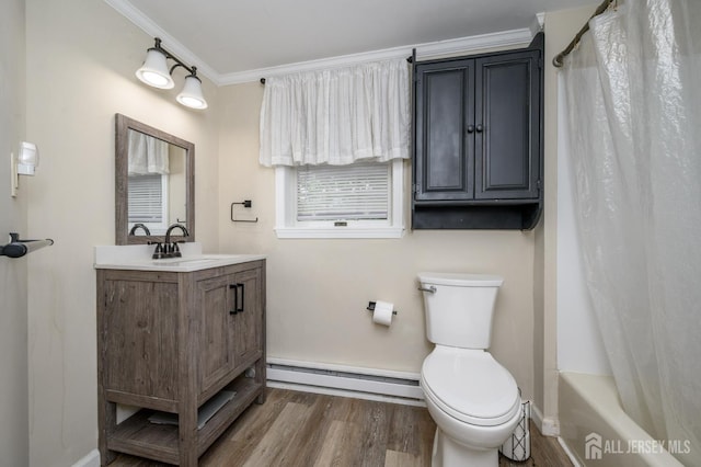 439 Old Main St, Franklin, NJ 08802 - full bath featuring a baseboard radiator, vanity, wood finished floors, shower / bath combination with curtain, and crown molding