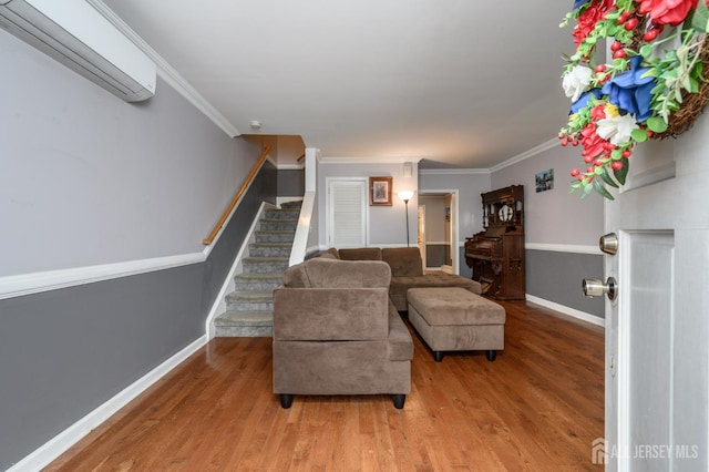439 Old Main St, Franklin, NJ 08802 - living area featuring a wall mounted air conditioner, light wood-style floors, stairs, and crown molding