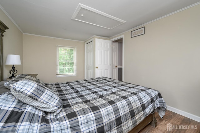 439 Old Main St, Franklin, NJ 08802 - bedroom with attic access, wood finished floors, and ornamental molding