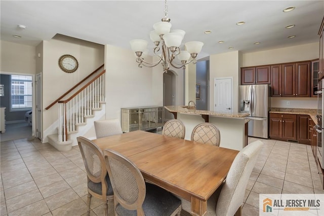 dining area featuring light tile patterned floors, stairs, a notable chandelier, and recessed lighting