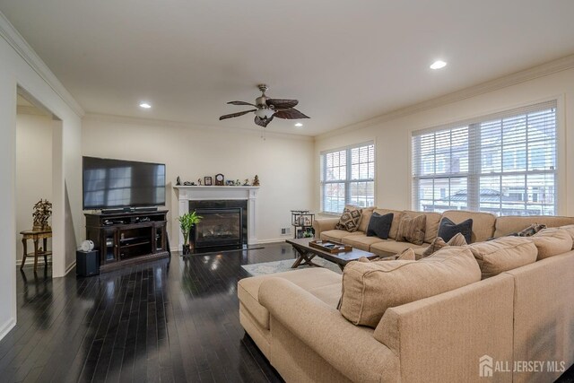 living room with ceiling fan, dark wood-type flooring, a glass covered fireplace, baseboards, and ornamental molding