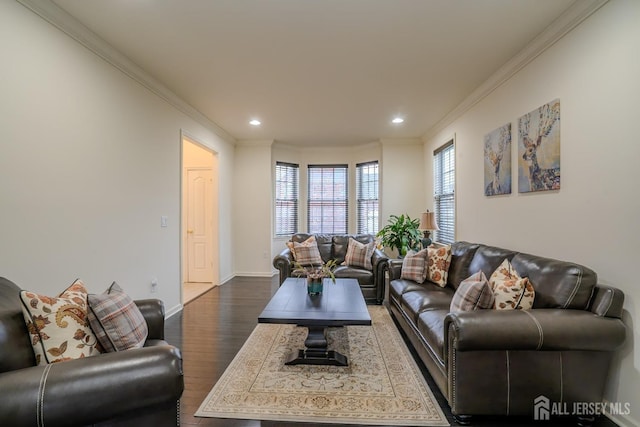 living area with wood finished floors, crown molding, recessed lighting, and baseboards