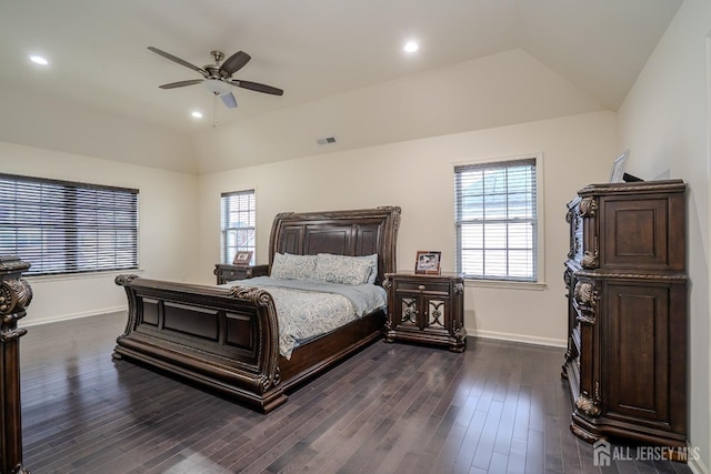bedroom featuring vaulted ceiling, baseboards, dark wood-style flooring, a ceiling fan, and recessed lighting