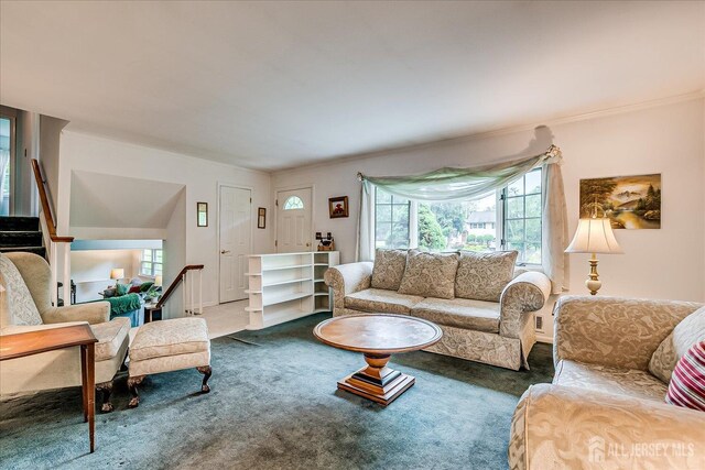 200 Elwood St, Piscataway, NJ 08854 - living room with carpet flooring, plenty of natural light, stairs, and crown molding