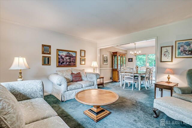 200 Elwood St, Piscataway, NJ 08854 - carpeted living room with a chandelier, ornamental molding, and baseboards