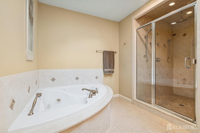 2 Derby Ln, East Brunswick, NJ 08816 - bathroom featuring a jetted tub, a shower stall, tile patterned floors, and recessed lighting
