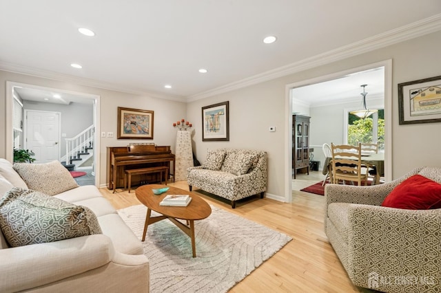 2 Derby Ln, East Brunswick, NJ 08816 - living room featuring recessed lighting, light wood-style flooring, crown molding, and stairs