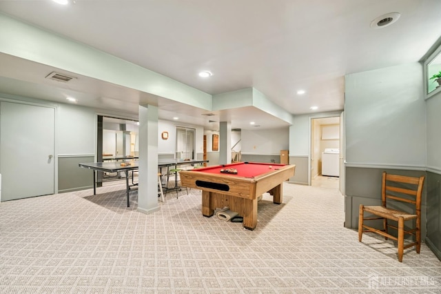 2 Derby Ln, East Brunswick, NJ 08816 - recreation room with light carpet, washer / dryer, billiards, and recessed lighting