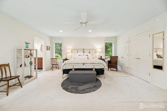 2 Derby Ln, East Brunswick, NJ 08816 - bedroom featuring two closets, multiple windows, light carpet, ceiling fan, and recessed lighting