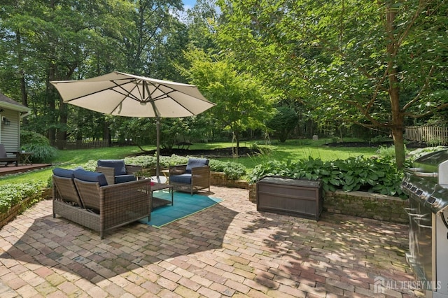 2 Derby Ln, East Brunswick, NJ 08816 - view of patio with an outdoor living space, view of wooded area, and grilling area