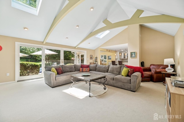 2 Derby Ln, East Brunswick, NJ 08816 - living area with a skylight, light carpet, high vaulted ceiling, and beam ceiling