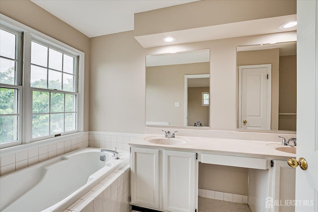 36 Benjamin Rush Ln, Princeton, NJ 08540 - bathroom with plenty of natural light, double vanity, a garden tub, recessed lighting, and tile patterned flooring