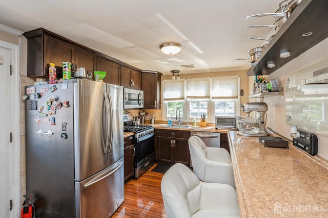 16 Taft Ave, Edison, NJ 08817 - kitchen featuring appliances with stainless steel finishes, ornamental molding, dark brown cabinets, dark wood-style floors, and light countertops