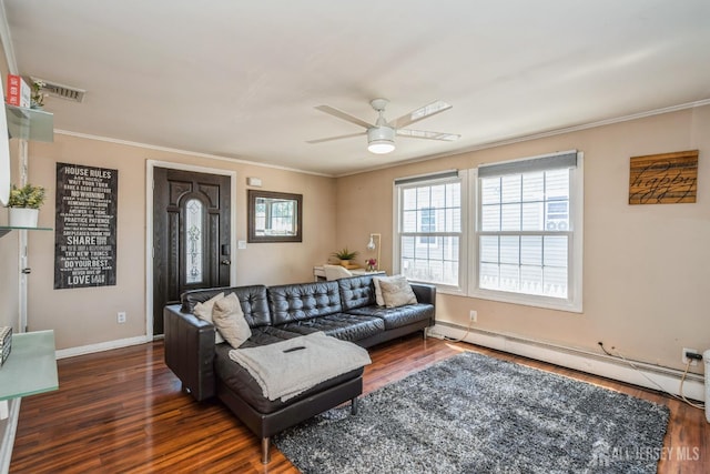 16 Taft Ave, Edison, NJ 08817 - living room with a baseboard radiator, ceiling fan, wood finished floors, and crown molding