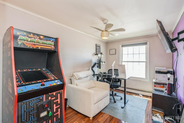 16 Taft Ave, Edison, NJ 08817 - office with crown molding, a baseboard heating unit, a ceiling fan, and wood finished floors