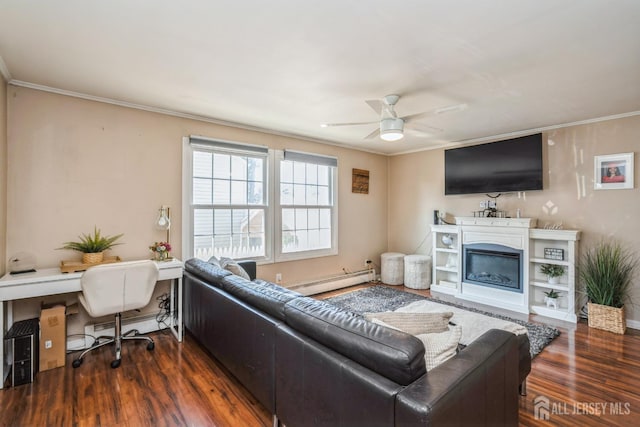 16 Taft Ave, Edison, NJ 08817 - living room featuring baseboard heating, wood finished floors, ceiling fan, ornamental molding, and an office area