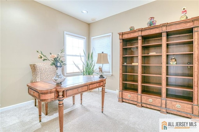 office space with carpet, baseboards, and recessed lighting