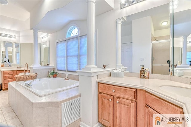 2 Kristen Ct, Franklin, NJ 08873 - full bathroom featuring ornate columns, a shower stall, a bath, and vanity