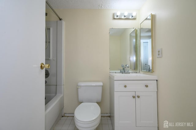 bathroom with toilet, shower / washtub combination, tile patterned flooring, and vanity
